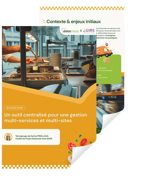 Couverture de la Success Story GVRS et Datameal Online présentant un outil centralisé pour la gestion multi-sites en restauration collective, avec le témoignage de Karine Priollaud.