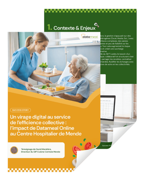 Couverture de la Success Story CH Mende et Datameal Online présentant un patient dans son lit d'hôpital et une infirmière qui lui apporte son repas, avec le témoignage de David Morelière.